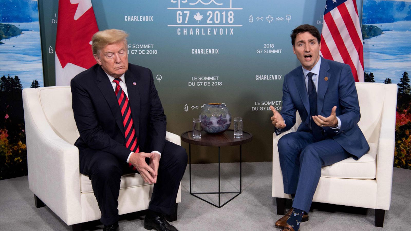 Trump (i) y Trudeau (d) el pasado 8 de junio de 2018 durante la Cumbre del G7 en La Malbaie (Canadá).