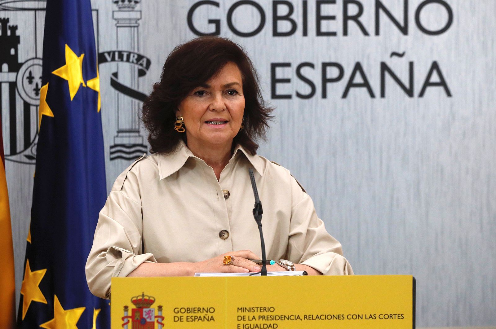 La vicepresidenta del Gobierno, Carmen Calvo, durante la rueda de prensa.