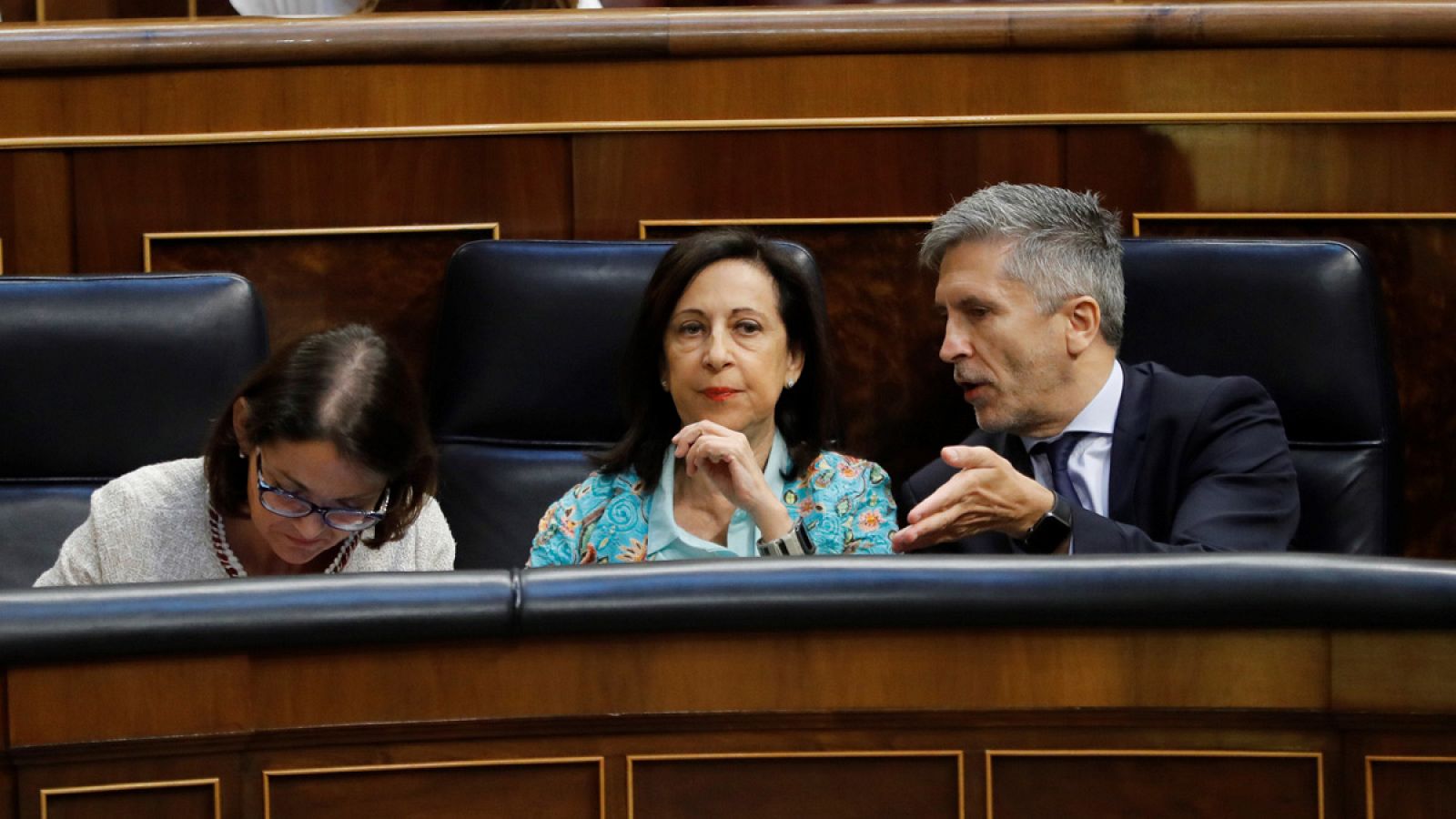 La ministra de Defensa, Margarita Robles, y el ministro del Interior, Fernando Grande-Marlaska, conversan en el Congreso de los Diputados