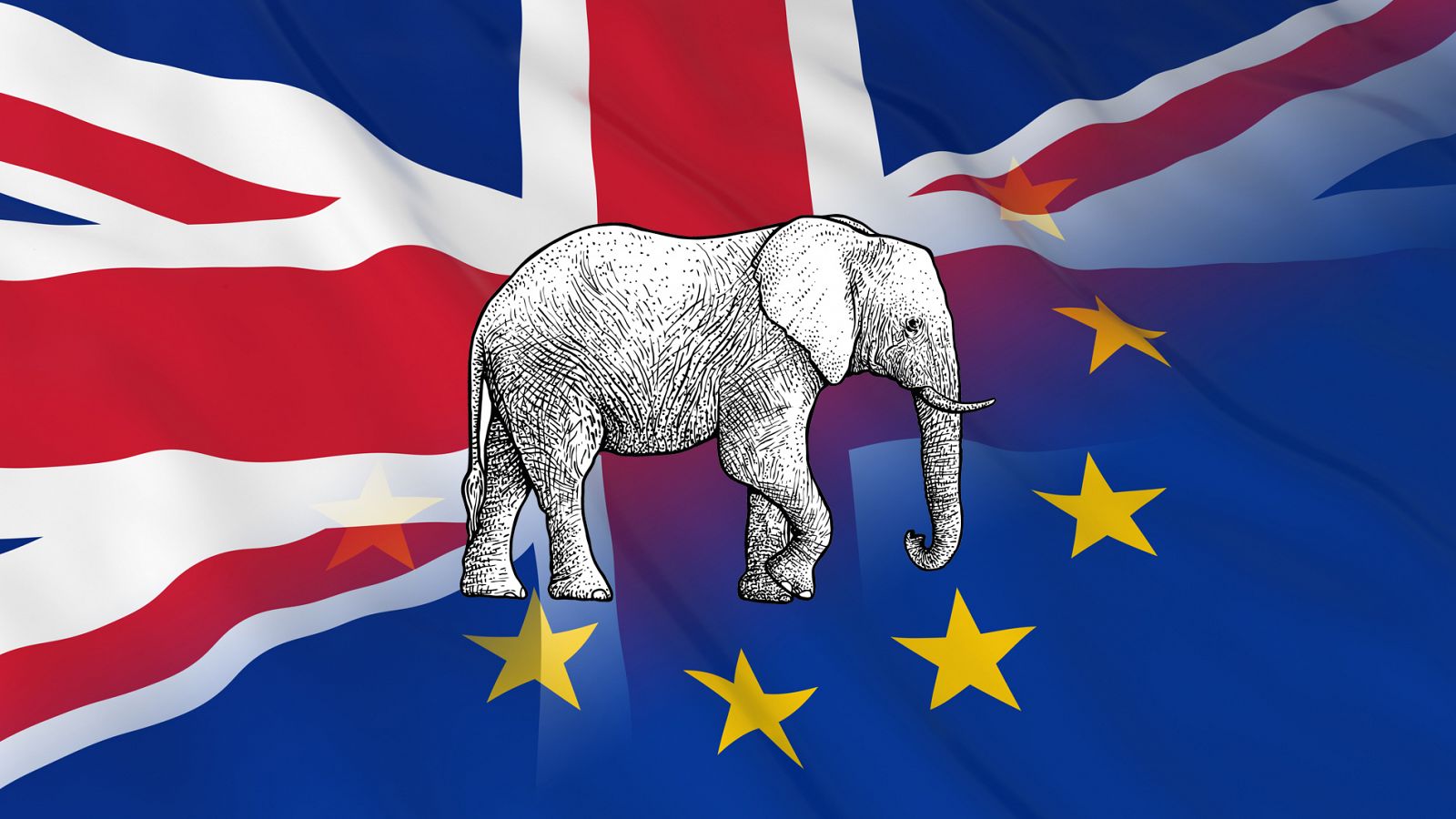 Banderas de Reino Unido y la Unión Europea ondean tras la ilustración de un elefante