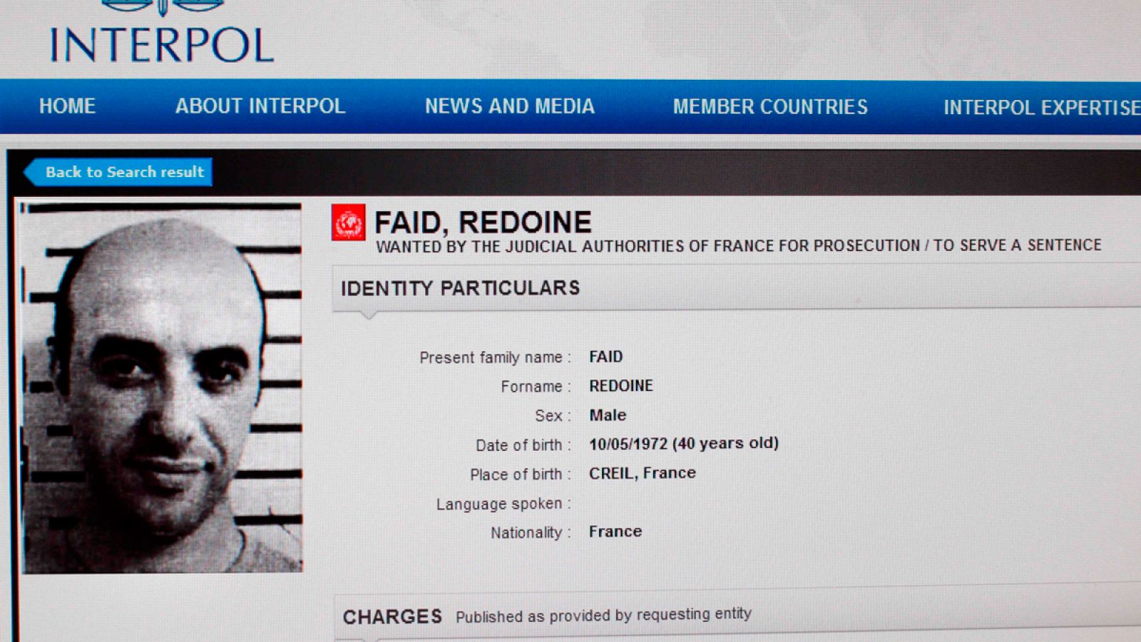 Ficha de Interpol de Redoine Faïd