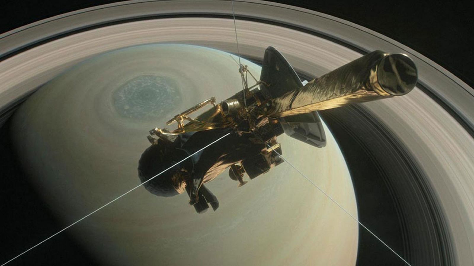 Ilustración de la NASA que muestra la sonda Cassini sobre el hemisferio norte de Saturno