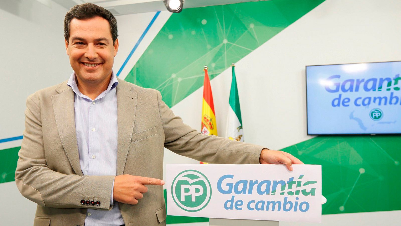 Juanma Moreno presenta el lema del PP para la campaña de las elecciones andaluzas de 2018.