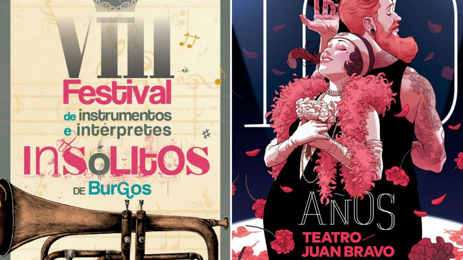 Carteles del VIII Festival de Instrumentos e Intérpretes Insólitos de Burgos y del centenario del Teatro Juan Bravo de Segovia