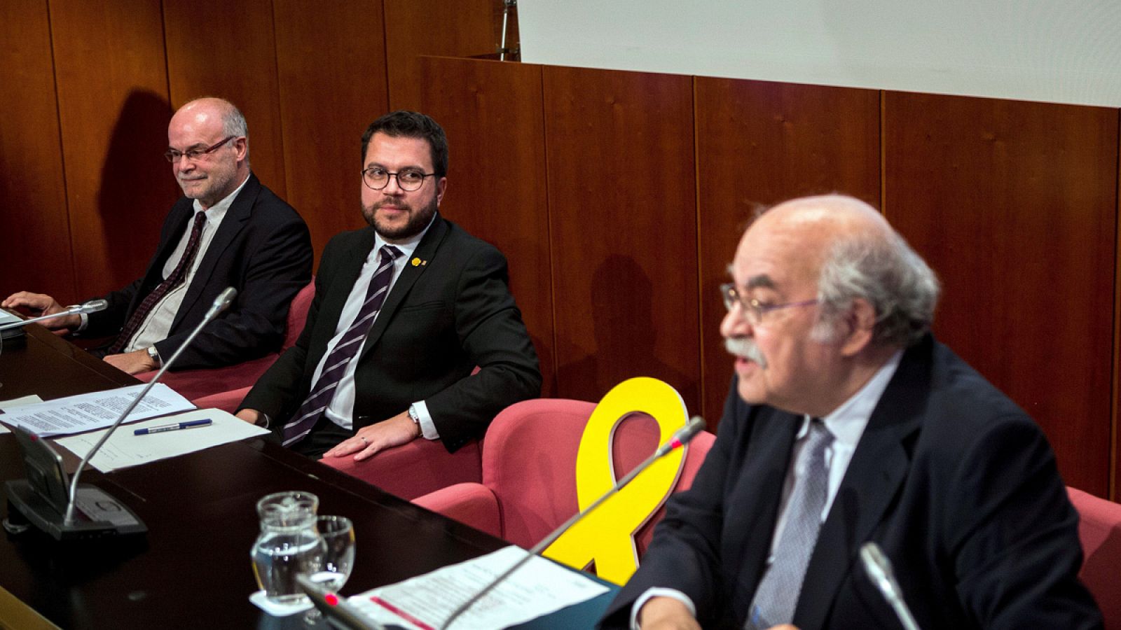 Acto de conmemoración de los diez años de la Agencia Tributaria de Cataluña, con el vicepresidente del Govern y conseller de Economía y Hacienda, Pere Aragonès y los exconsellers Antoni Castells y Andreu Mas-Colell