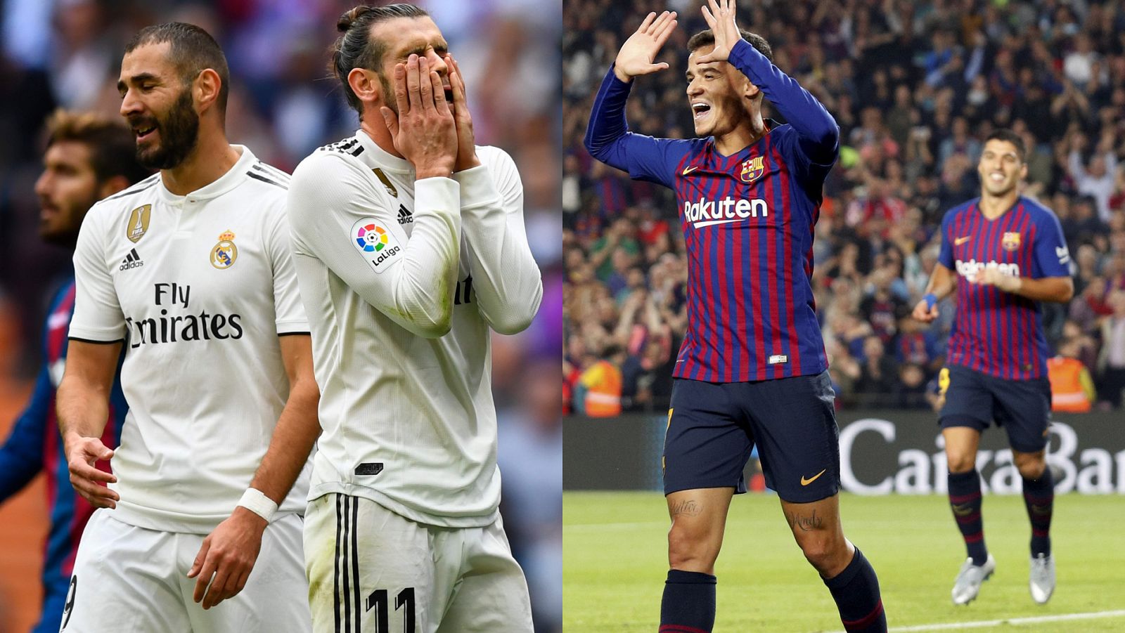 Benzema y Bale lamentan una ocasión fallada; Coutinho y Suárez celebran un gol.