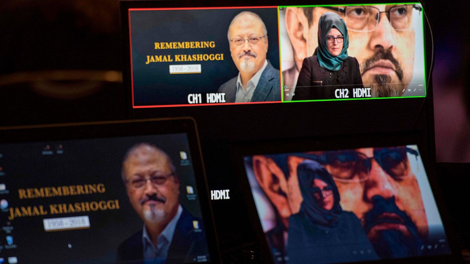 Hatice Cengiz, la novia del  periodista Jamal Khashoggi, asesinado en Turquia , durante una ceremonia de conmemoración