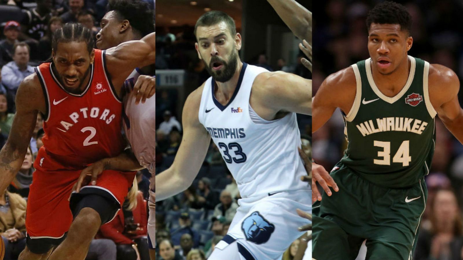 Kawhi Leonard, Marc Gasol y Giannis Antetokoumpo, jugadores de la NBA