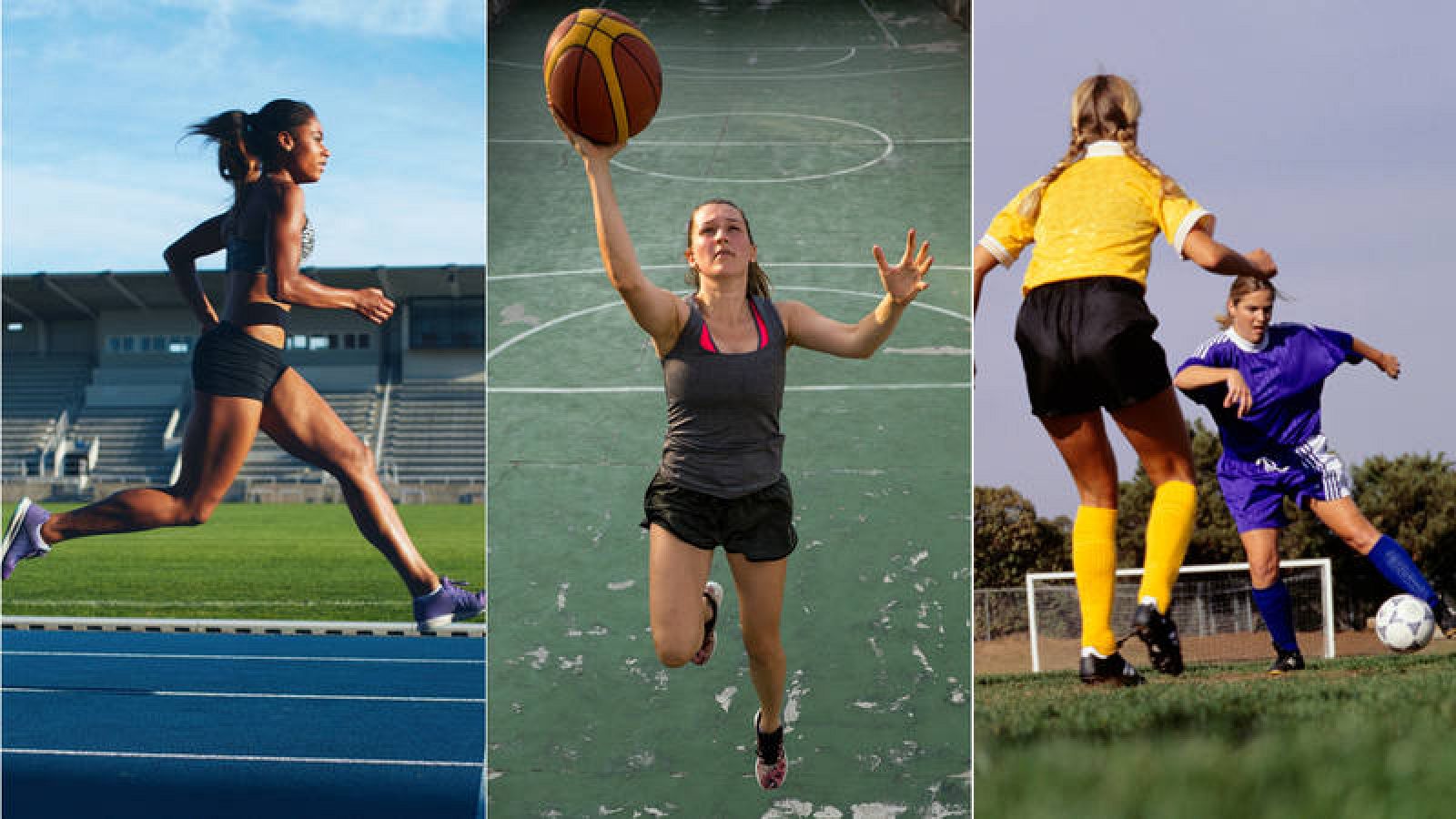 Imágenes de archivo de varias deportistas practicando atletismo, baloncesto y fútbol