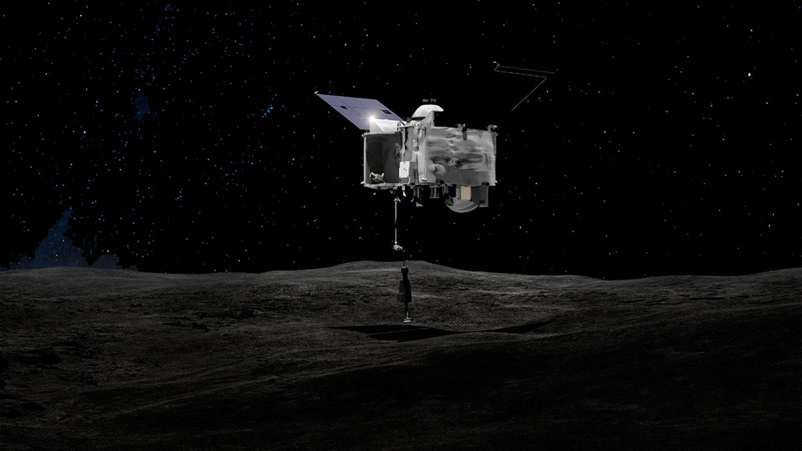 Representación artística de la aeronave OSIRIS-REx sobre el asteroide Bennu.