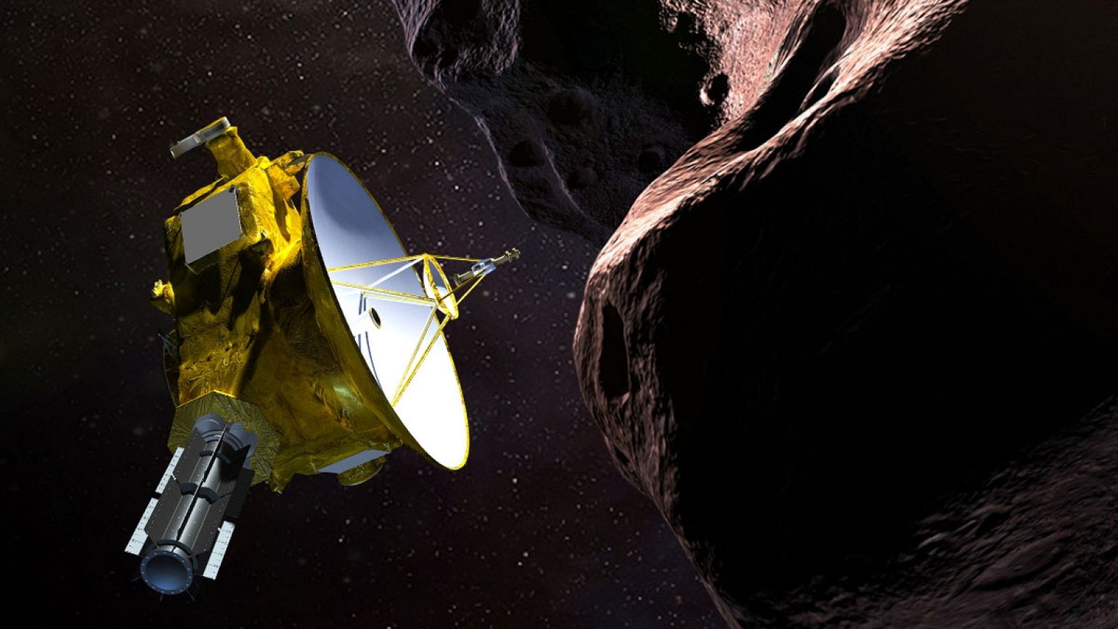 Representación de la nave espacial New Horizons de la NASA, sobre "Ultima Thule", que significa en latín "un lugar más allá del mundo conocido".