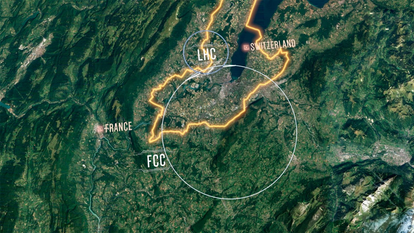 El objetivo del Futuro Colisionador Circular (FCC) es proporcionar un anillo de 100 kilómetros bajo la frontera franco-suiza (amarilla en la imagen) para un acelerador superconductor de protones, mucho más grande que el actual LHC.