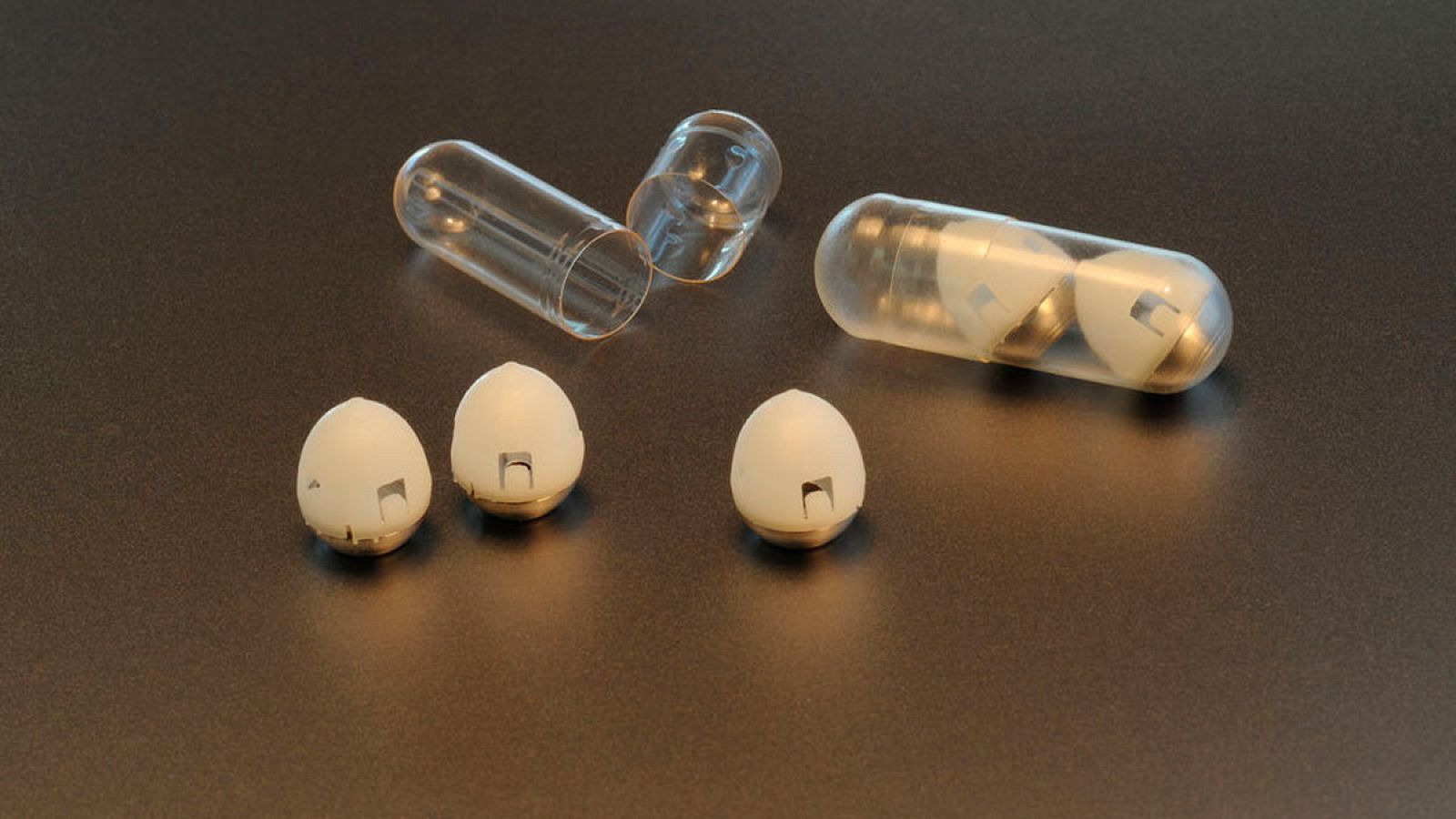 Prototipos de píldora de insulina, compuestos por una cápsula biodegradable del tamaño de un garbanzo.