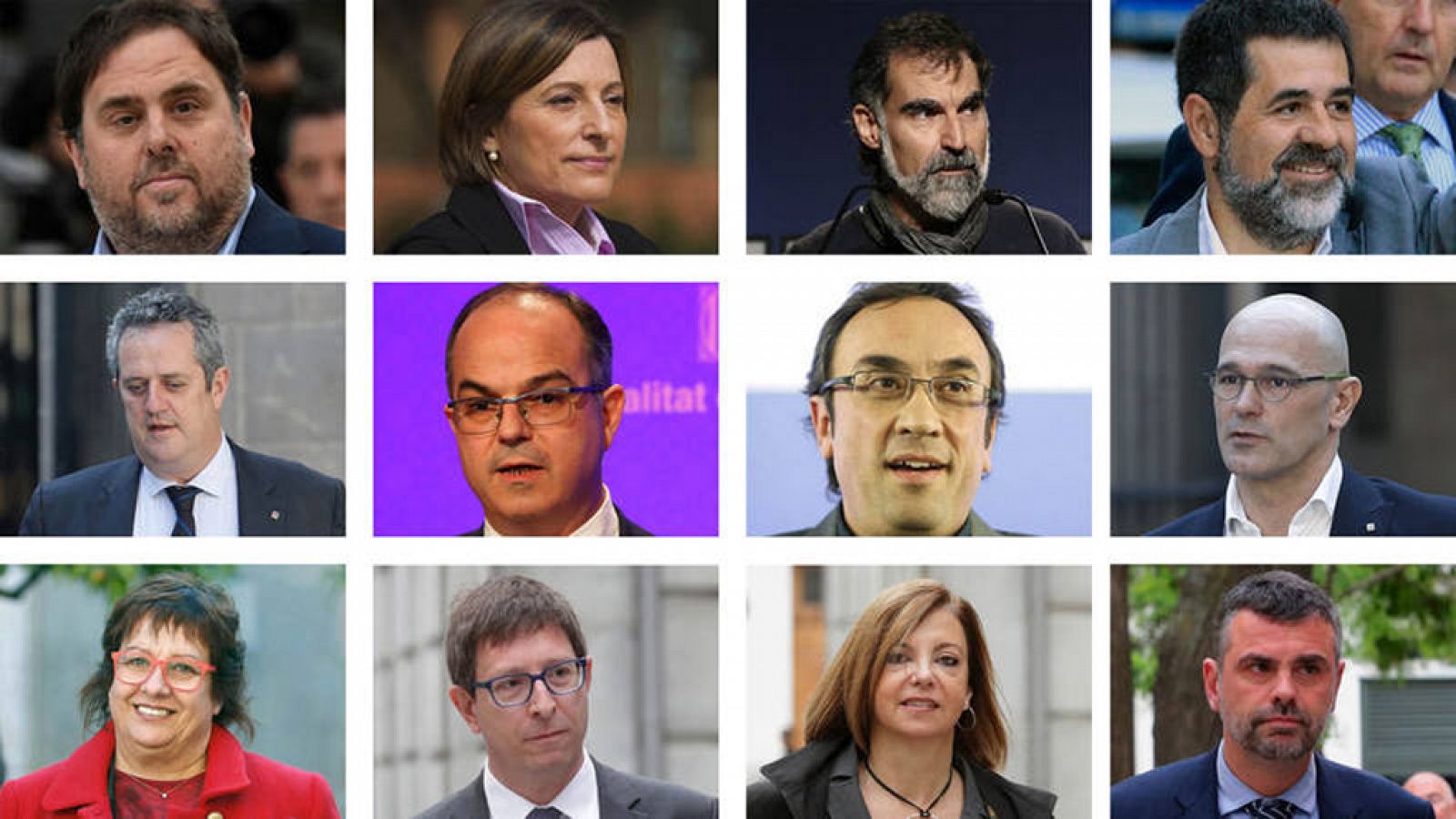 De izquierda a derecha y de arriba abajo: Junqueras, Forcadell, Cuixart, Sànchez, Forn, Turull, Rull, Romeva, Bassa, Mundó, Borràs y Vila