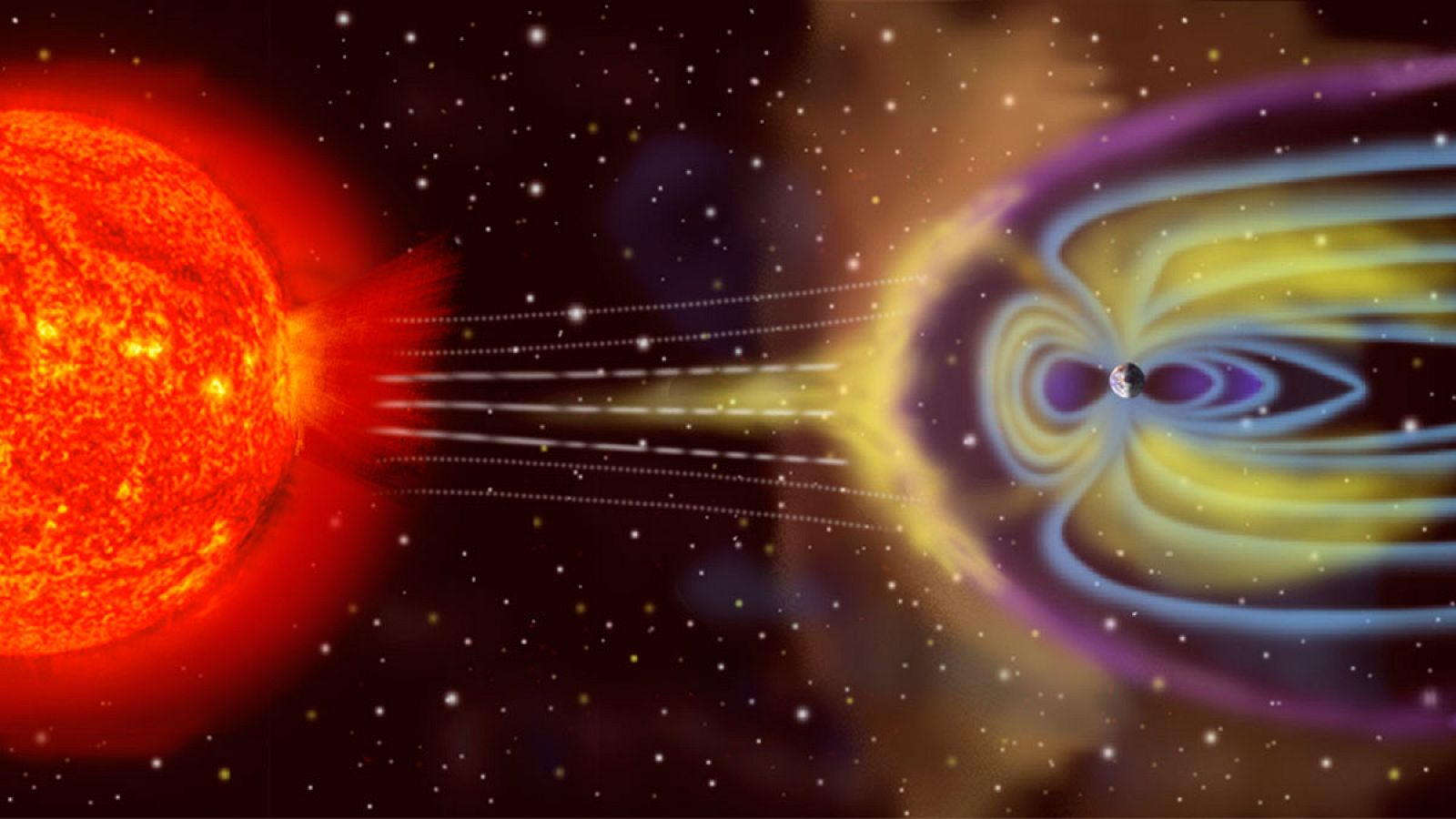 Ilustración de las partículas de viento solar interactuando con la magnetosfera de la Tierra.