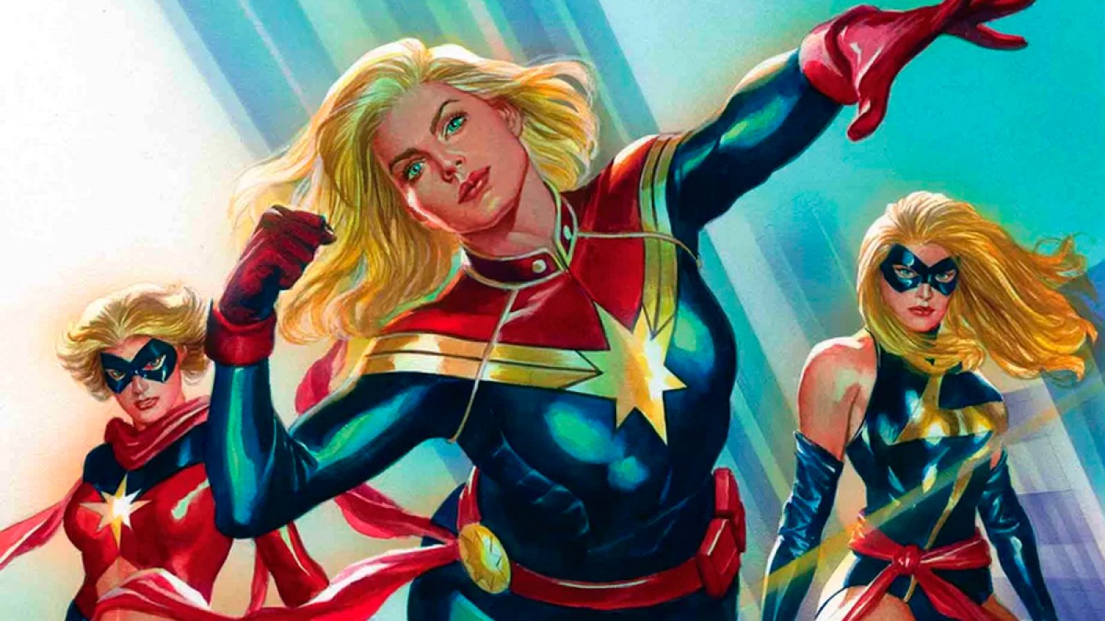 Tres de las encarnaciones de la Capitana Marvel, por Alex Ross