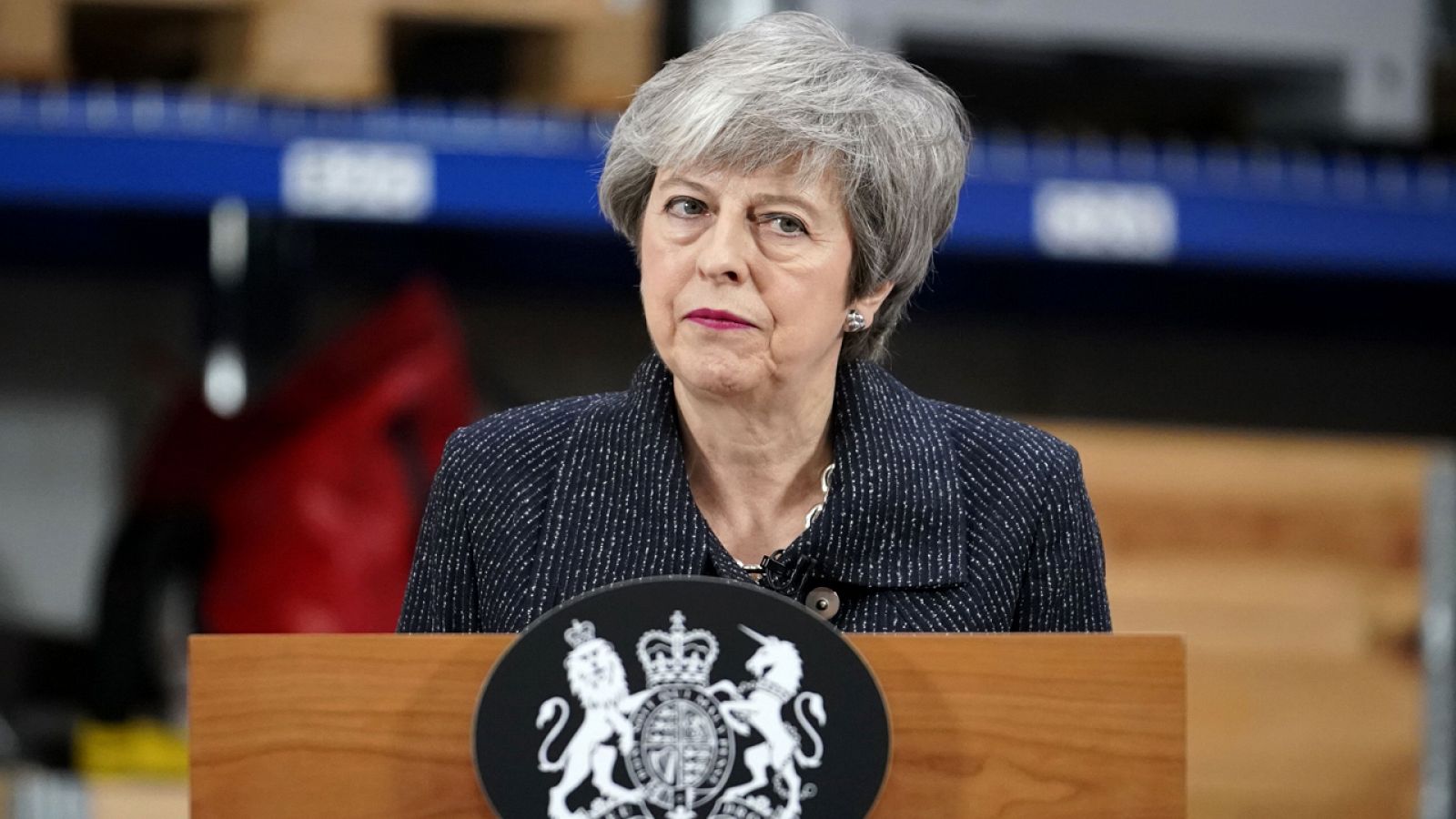 La primera ministra británica, Theresa May, pronuncia un discurso en Grimsby