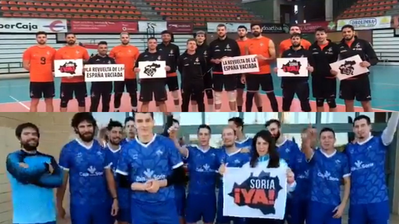 Las plantillas del Club Voleibol Teruel (arriba) y Río Duero Soria llaman a participar en la "revuelta de la España vaciada".