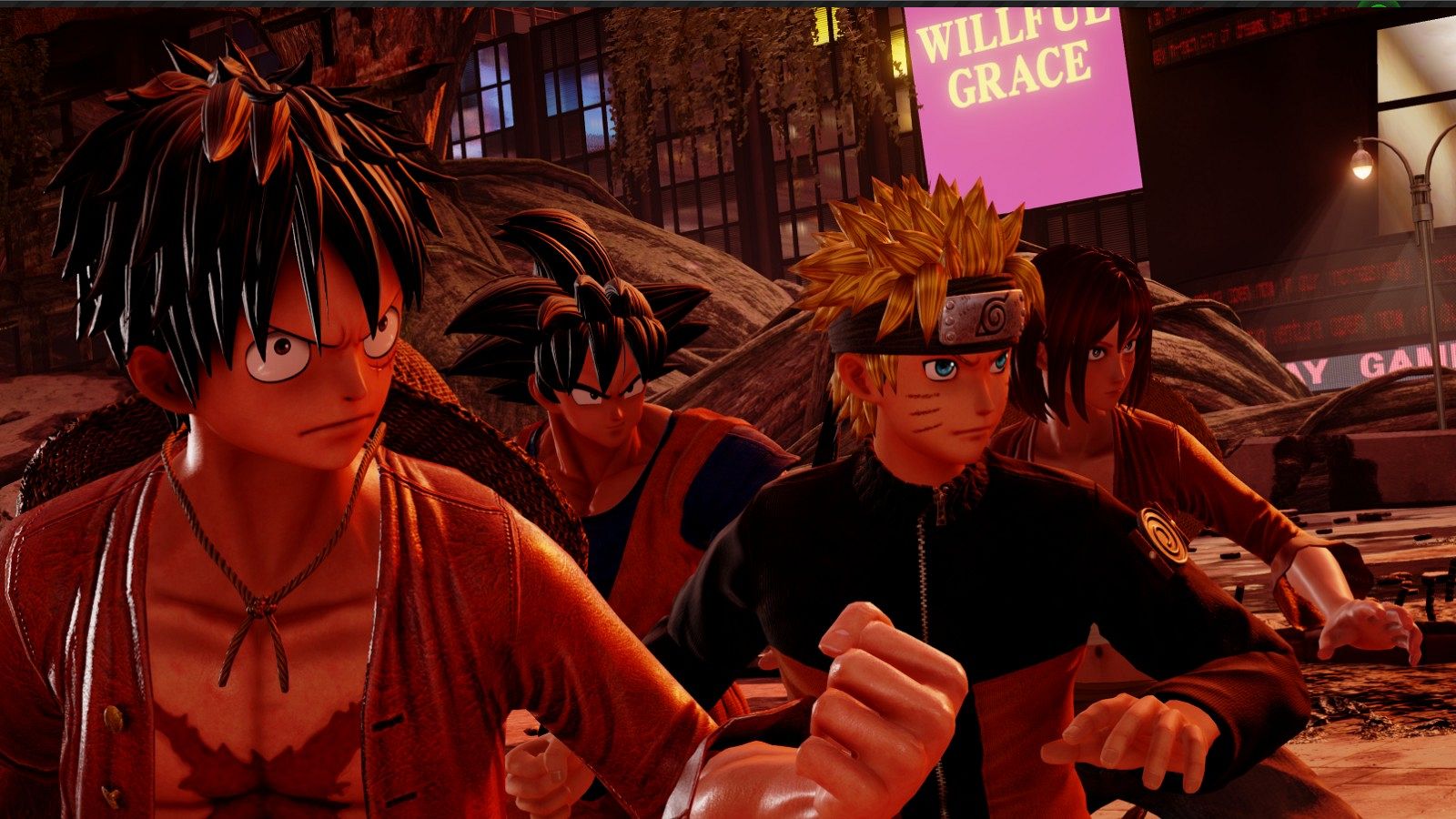Naruto, Luffy y Son Goku en una captura de pantalla del videojuego 'Jump Force'.