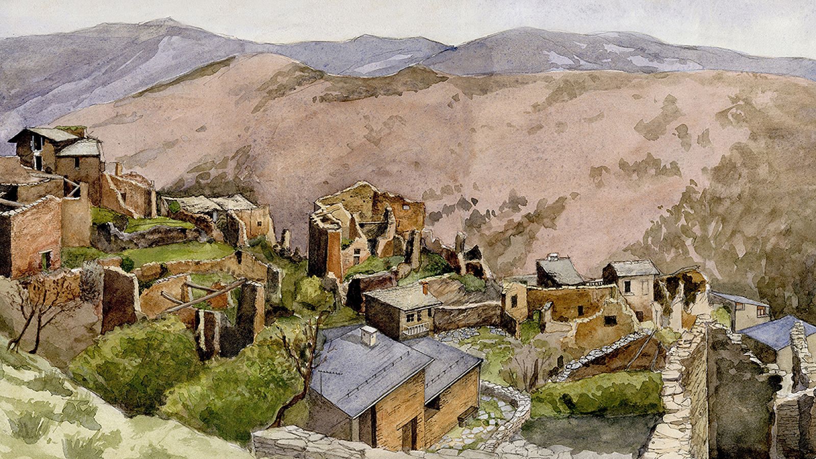 Acuarela de Solanell, en el Pirineo catalán, un pueblo que estaba abandonado y ha sido repoblado.