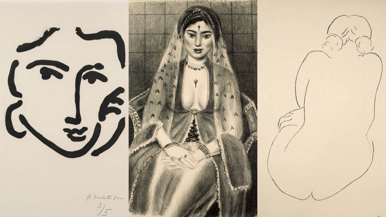 De izq a derecha: 'Nadia con expresión seria', 1948, 'La persa', 1929, 'Desnudo sentado, visto desde atrás', 1913