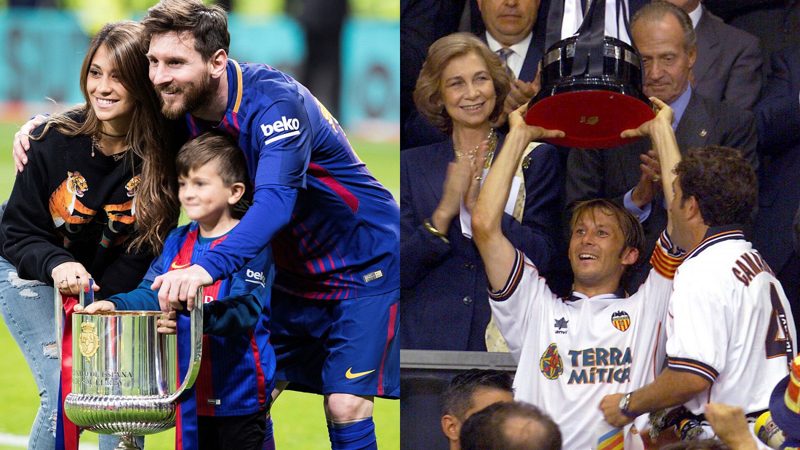 A la izquierda, Messi con la Copa de 2018, junto a su mujer, Antonella Rocuzzo, y el hijo de ambos; a la derecha, Mendieta alza la Copa de 1999.