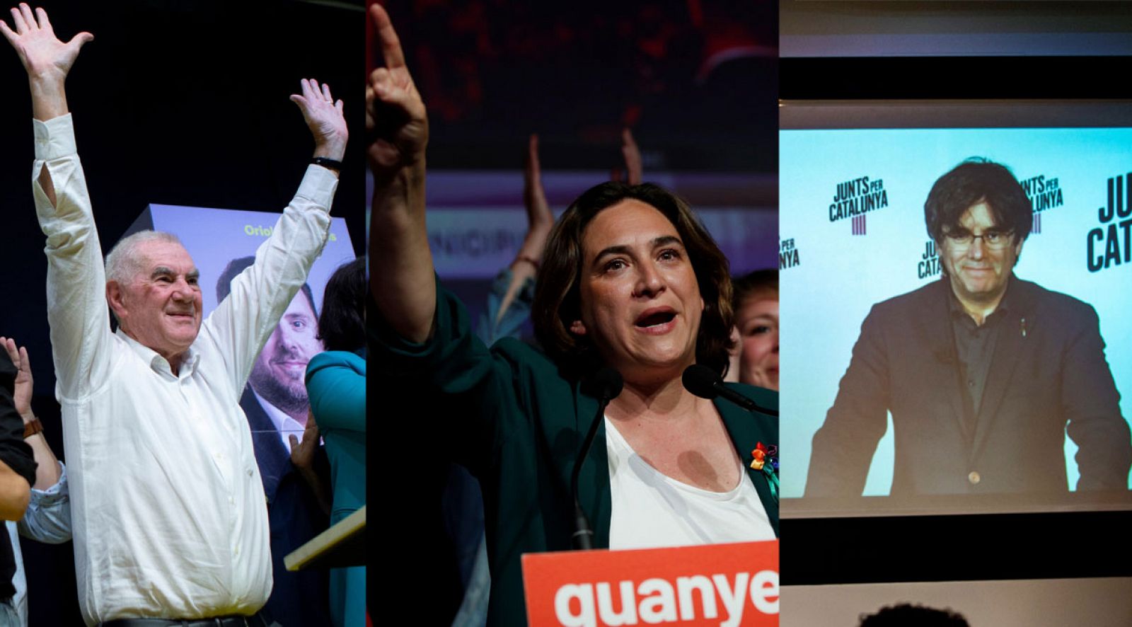 Ernest Maragall, Ada Colau y Carles Puigdemont, en campaña