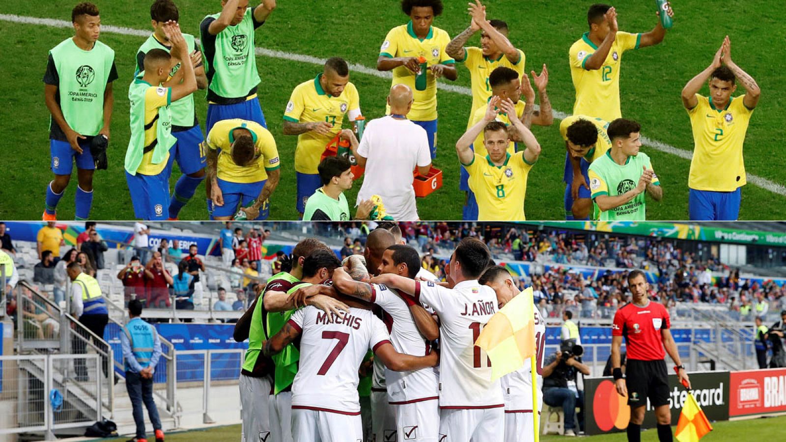 Arriba, jugadores de Brasil celebran la victoria; abajo, los venezolanos hacen lo propio