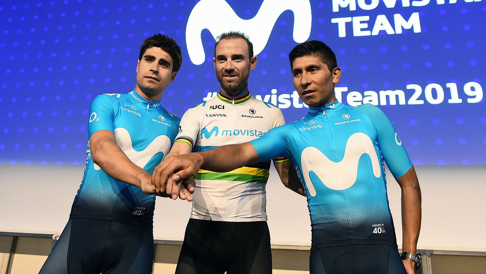 De izquierda a derecha, Mikel Landa, Alejandro Valverde y Nairo Quintana, del Movistar.