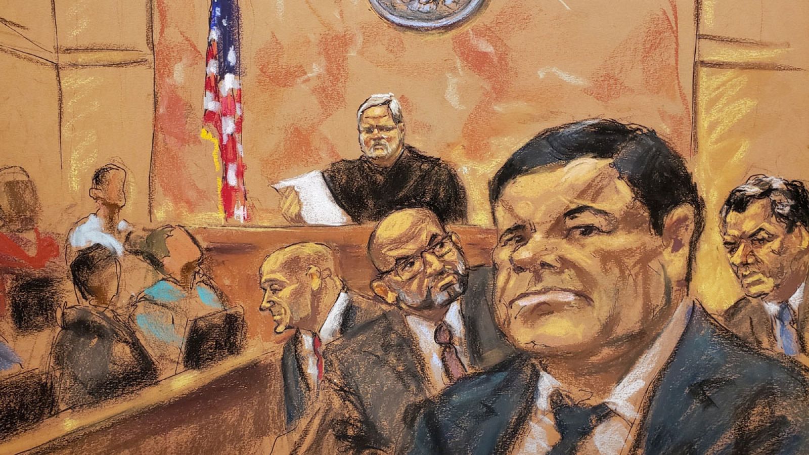 Dibujo de la sesión del juicio a Joaquín "el Chapo" Guzmán del 12 de febrero de 2019.