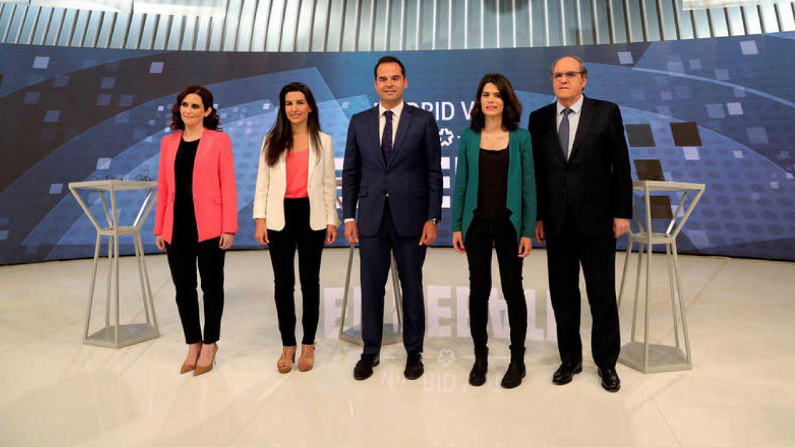 Isabel Aguado (PP), Rocío Monasterio (Vox), Ignacio Aguado (Cs), Isa Serra (Unidas Podemos) y Ángel Gabilondo (PSOE) en el debate de Telemadrid para las elecciones autonómicas