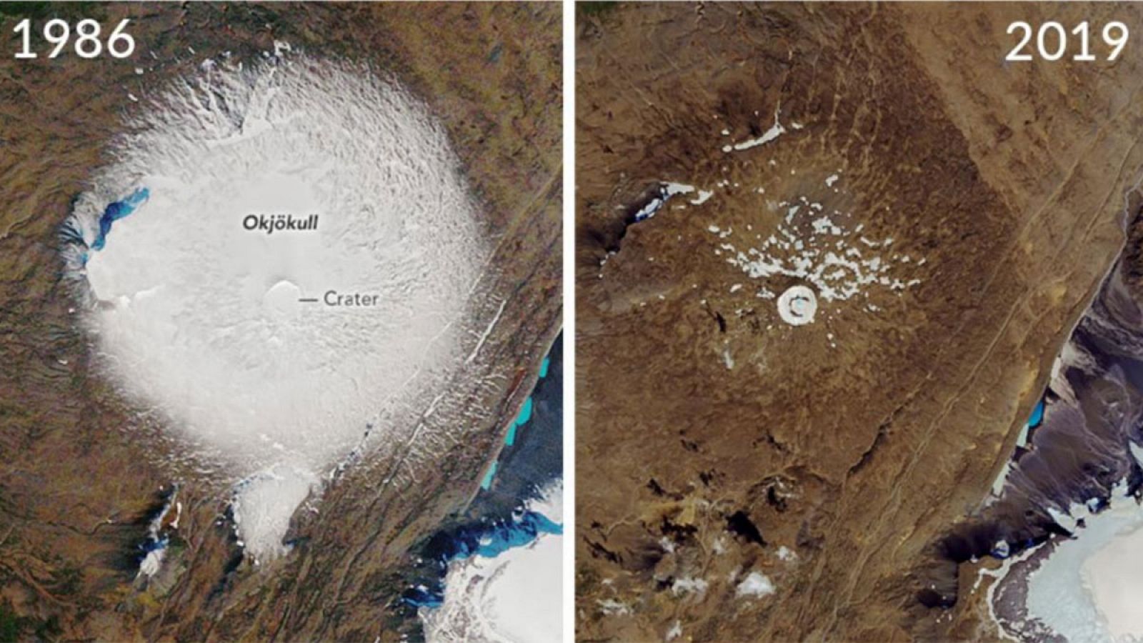 Comparación de las superficies del Okjökull, entre 1986 y 2019.