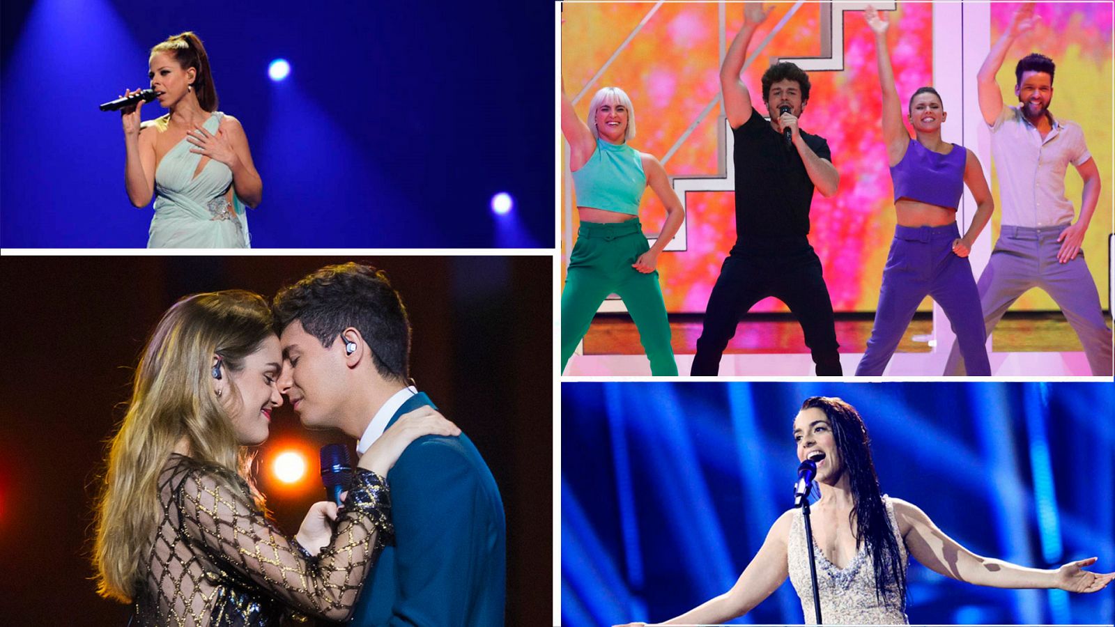 Algunos de nuestros representantes en anteriores ediciones de Eurovisión: Pastora Soler, Miki Núñez, Alfred y Amaia y Ruth Lorenzo