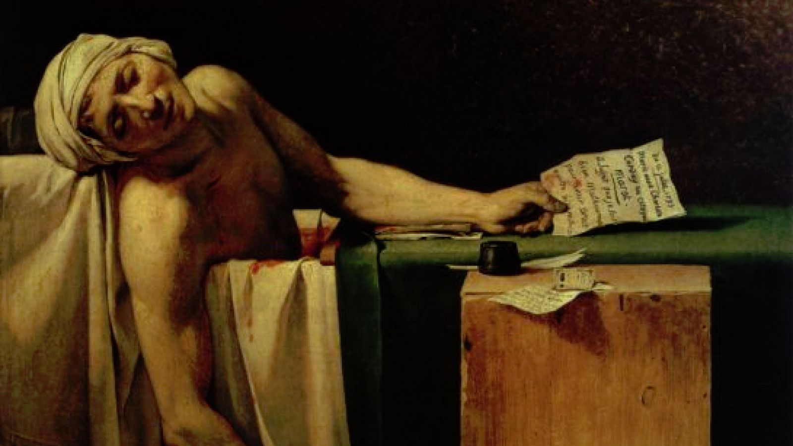 Reproducción de la obra La muerte de Marat, de Jacques-Louis David.
