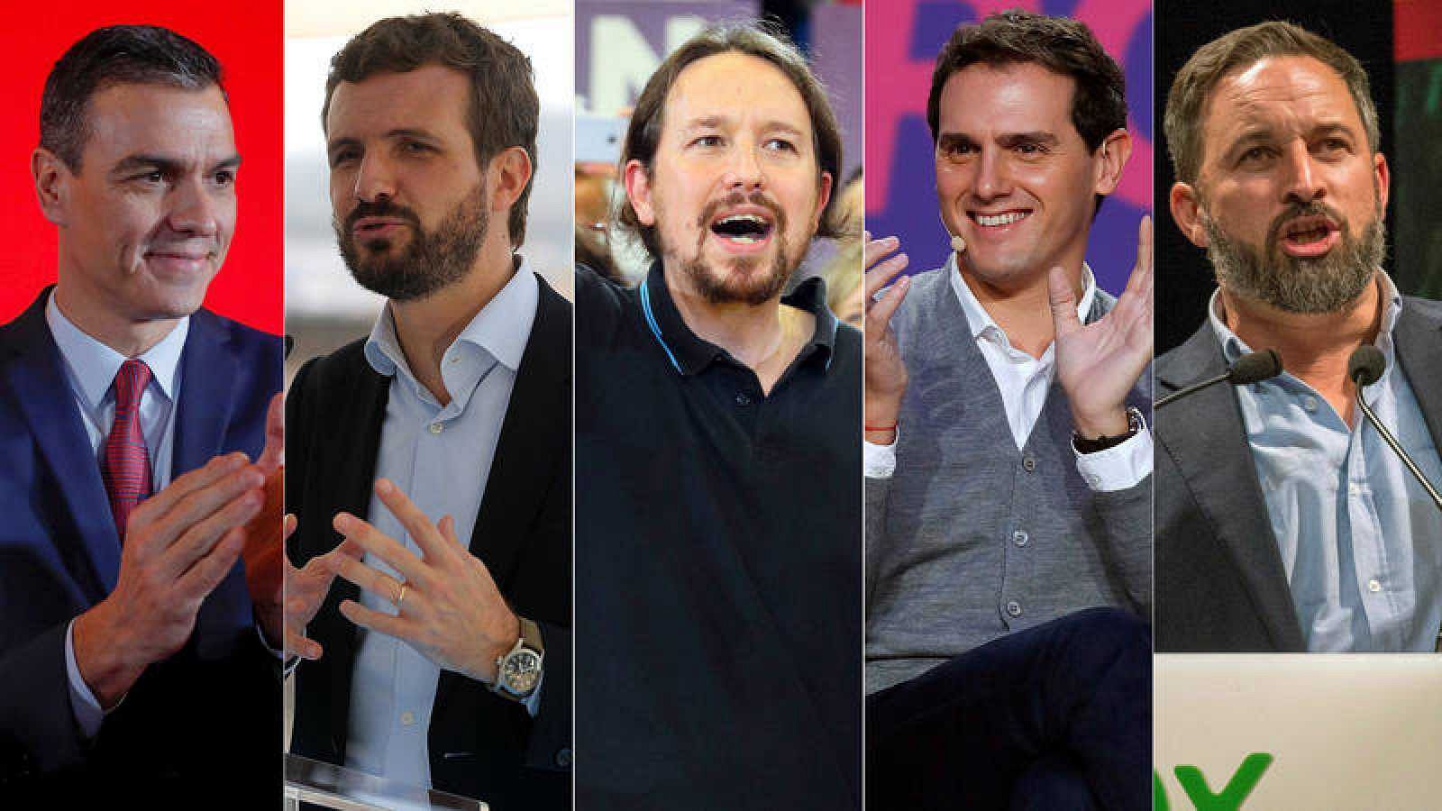 Los principales candidatos en las generales del 10N: Pedro S&aacute;nchez (PSOE); Pablo Casado (PP); Pablo Iglesias (Unidas Podemos); Albert Rivera (Ciudadanos); y Santiago Abascal (Vox).