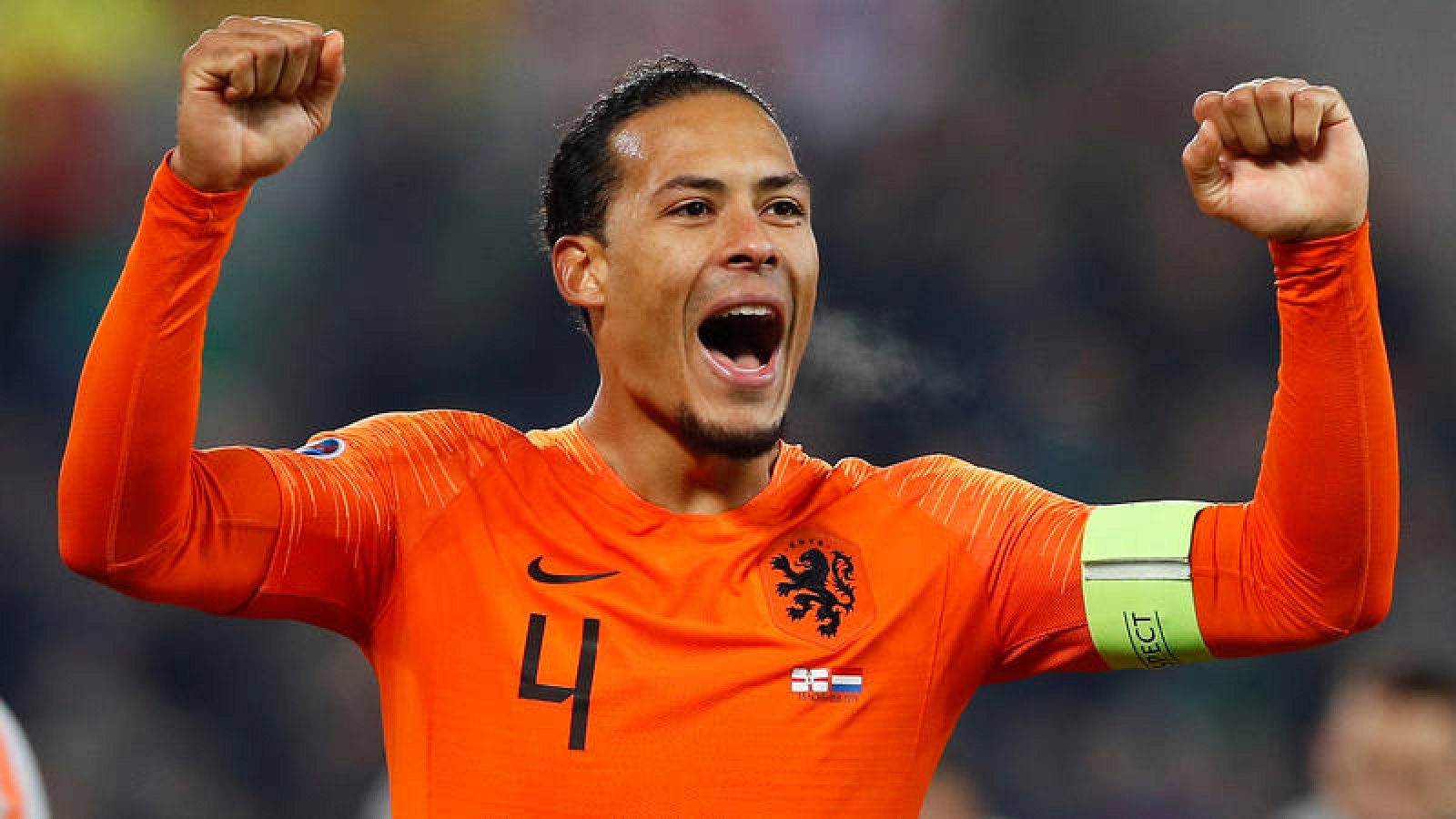 Virgil van Dijk celebra la clasificación de Holanda para la Eurocopa 2020.