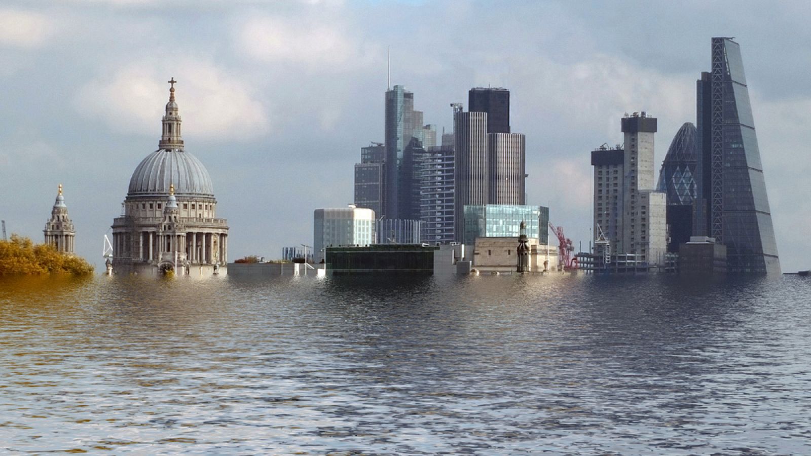 Imagen conceptual de la ciudad de Londres con edificios históricos inundados debido al calentamiento global y el aumento del nivel del mar