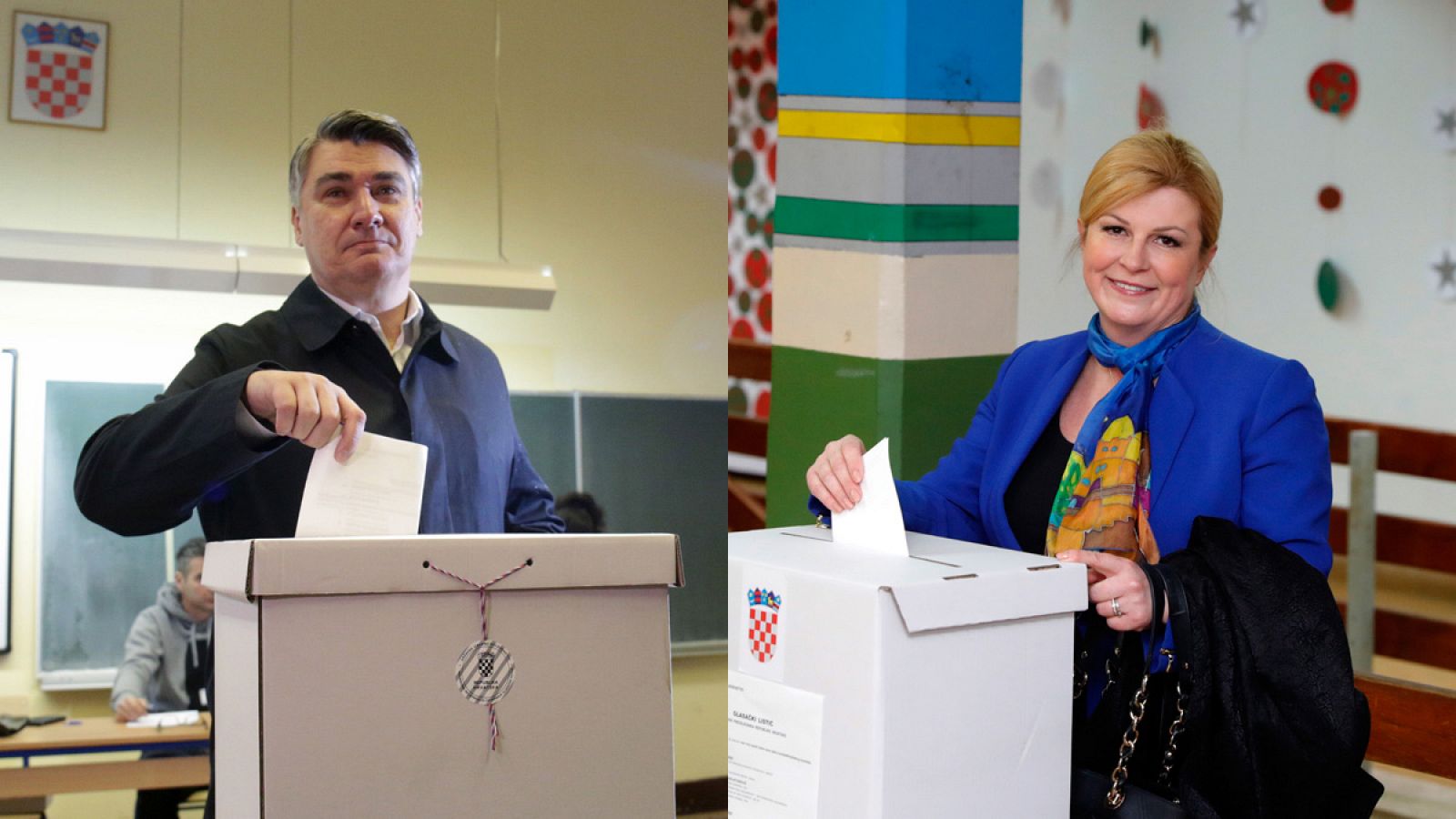 El ex primer ministro socialdemócrata Zoran Milanovic y la actual presidenta de Croacia, Kolinda Grabar-Kitarovic, depositan su voto