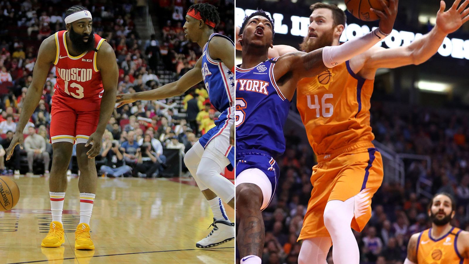 Fotomontaje de dos lances de sendos partidos de la NBA. A la izquierda, Harden (Rockets) ante la defensa de Richardson (Sixers); a la derecha, un lance del encuentro entre los Suns y los Knicks, con Ricky Rubio al fondo.