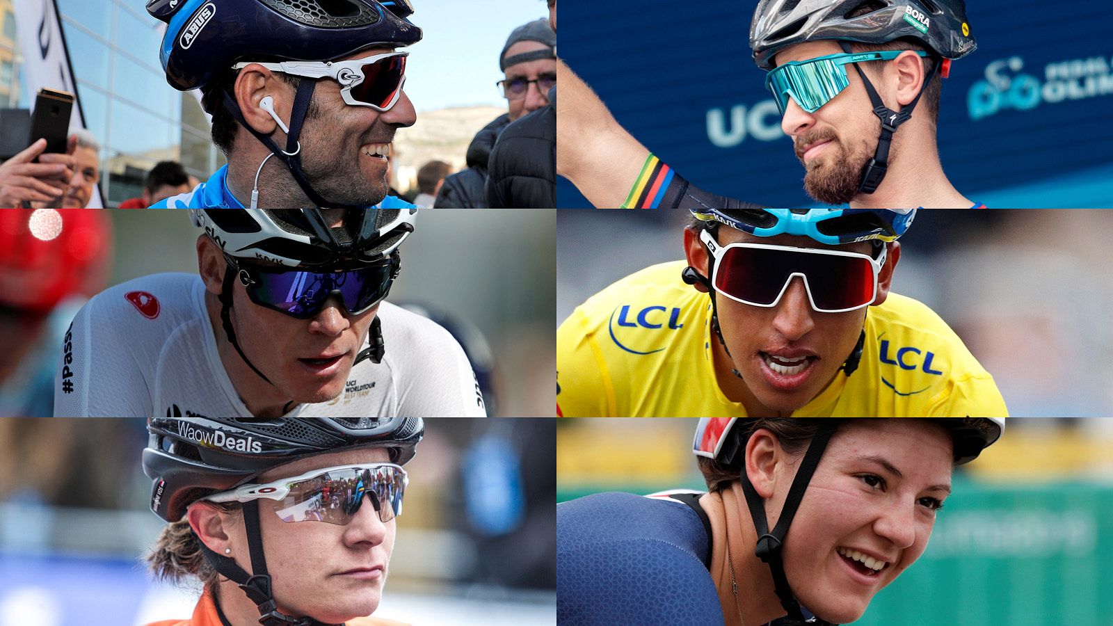 De izquierda a derecha y de arriba abajo: Valverde, Sagan, Froome, Bernal, Vos y Dygert