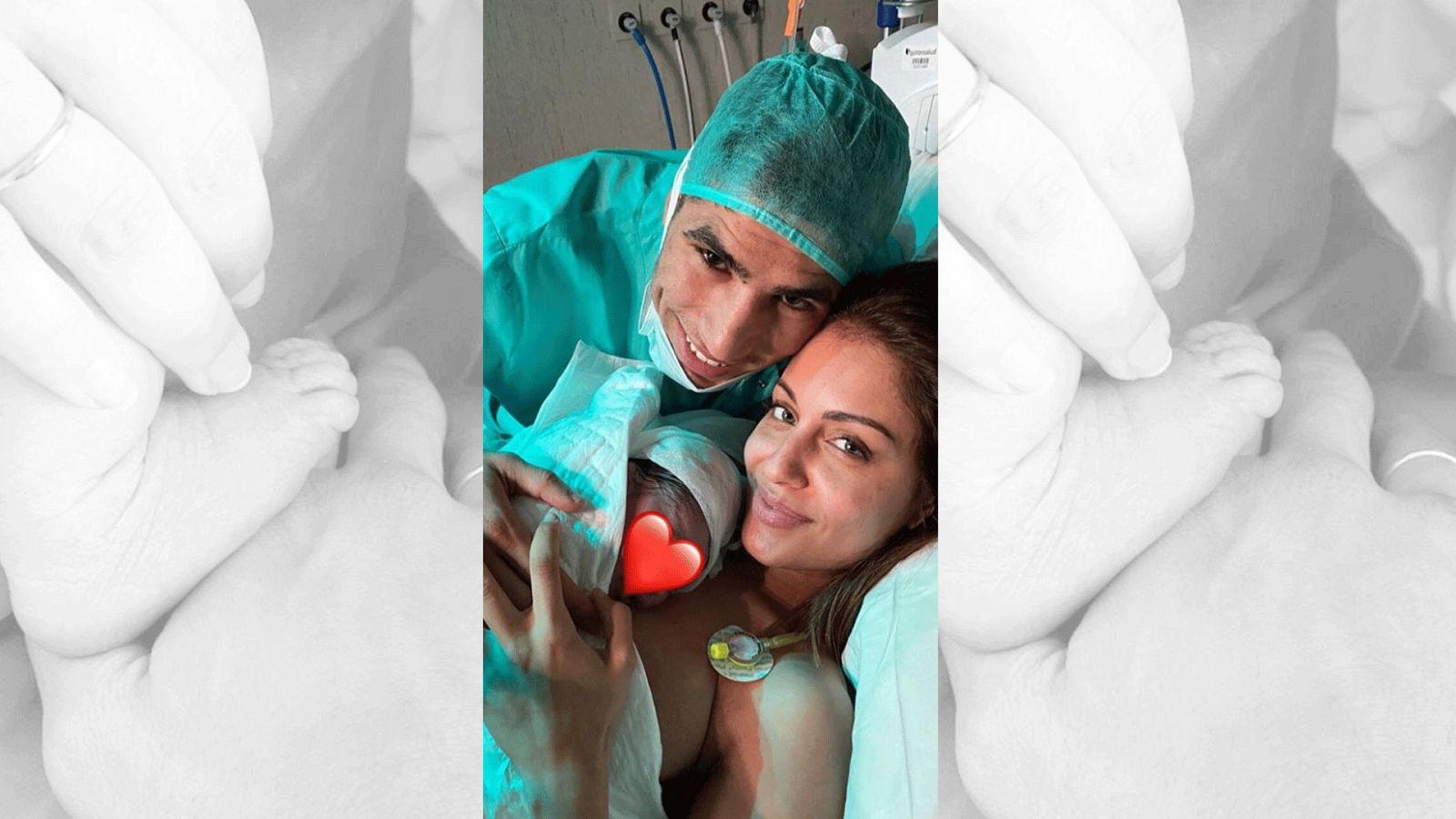Hiba Abouk y su pareja, el futbolista Achraf Hakimi, posan en el paritorio con su bebé recién nacido al que han llamado Amín
