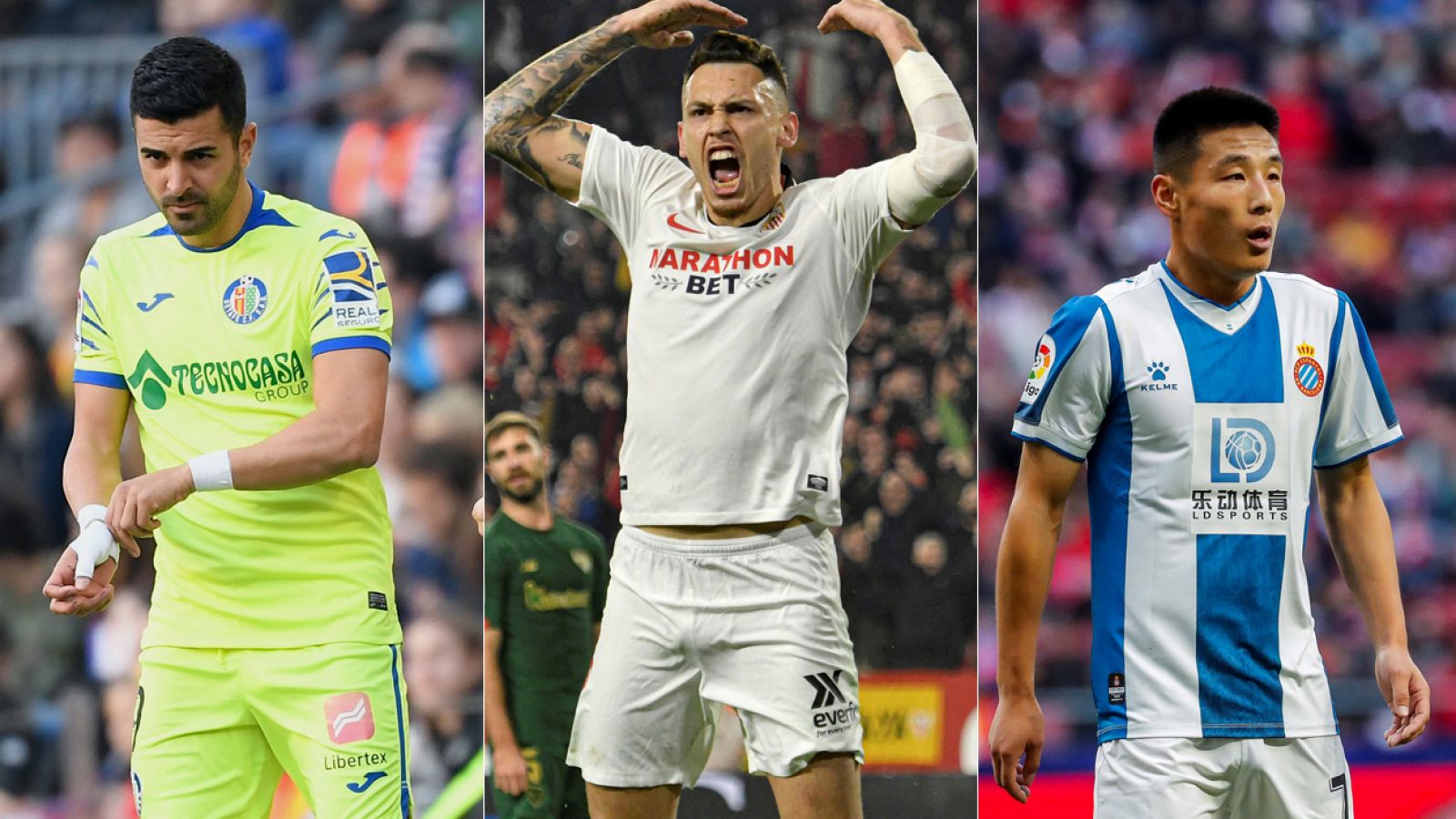 Montaje con las imágenes de los jugadores Ángel Rodríguez, Lucas Ocampos y Wu Lei.