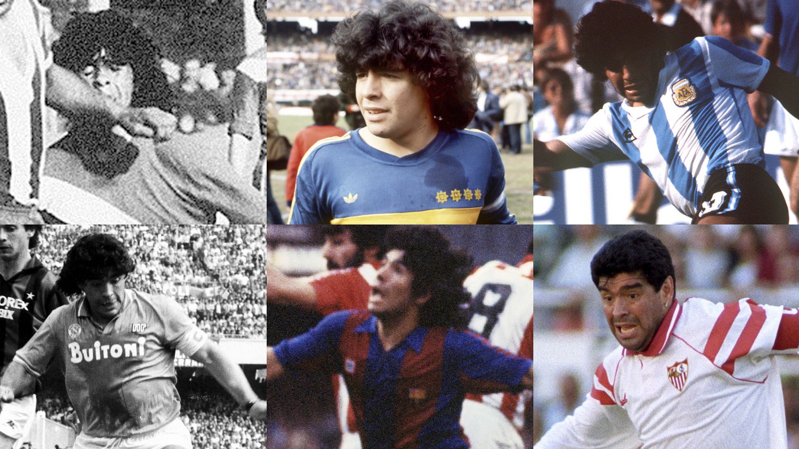 Fotomontaje de seis imágenes de Maradona con diferentes equipos