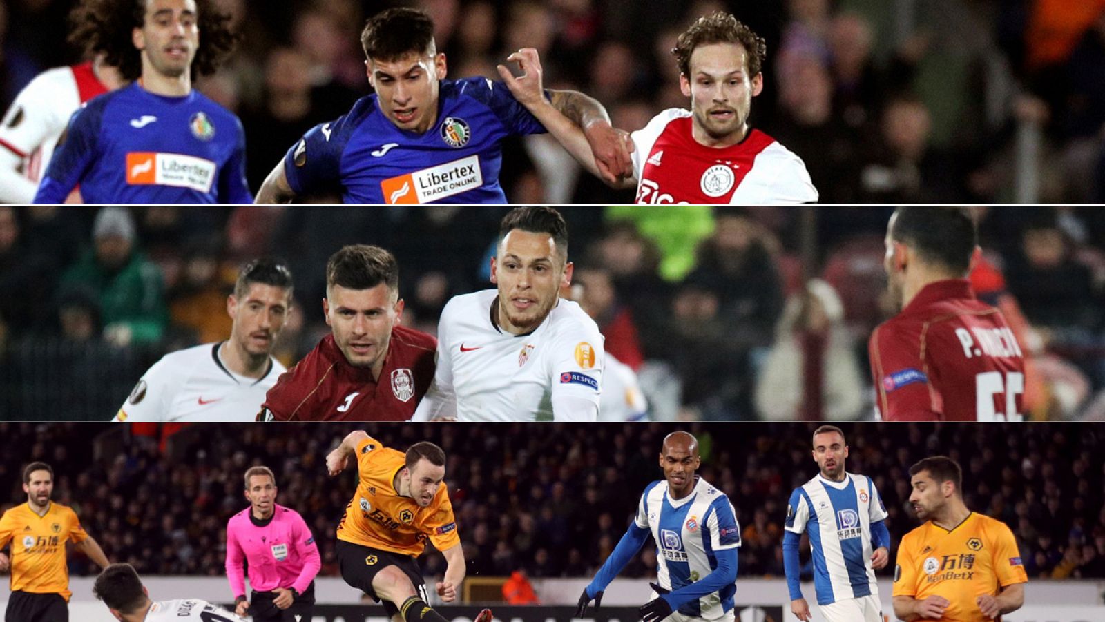 Tres imágenes de los partidos de ida de los dieciseisavos de final de la Liga Europa de Getafe, Sevilla y Espanyol.