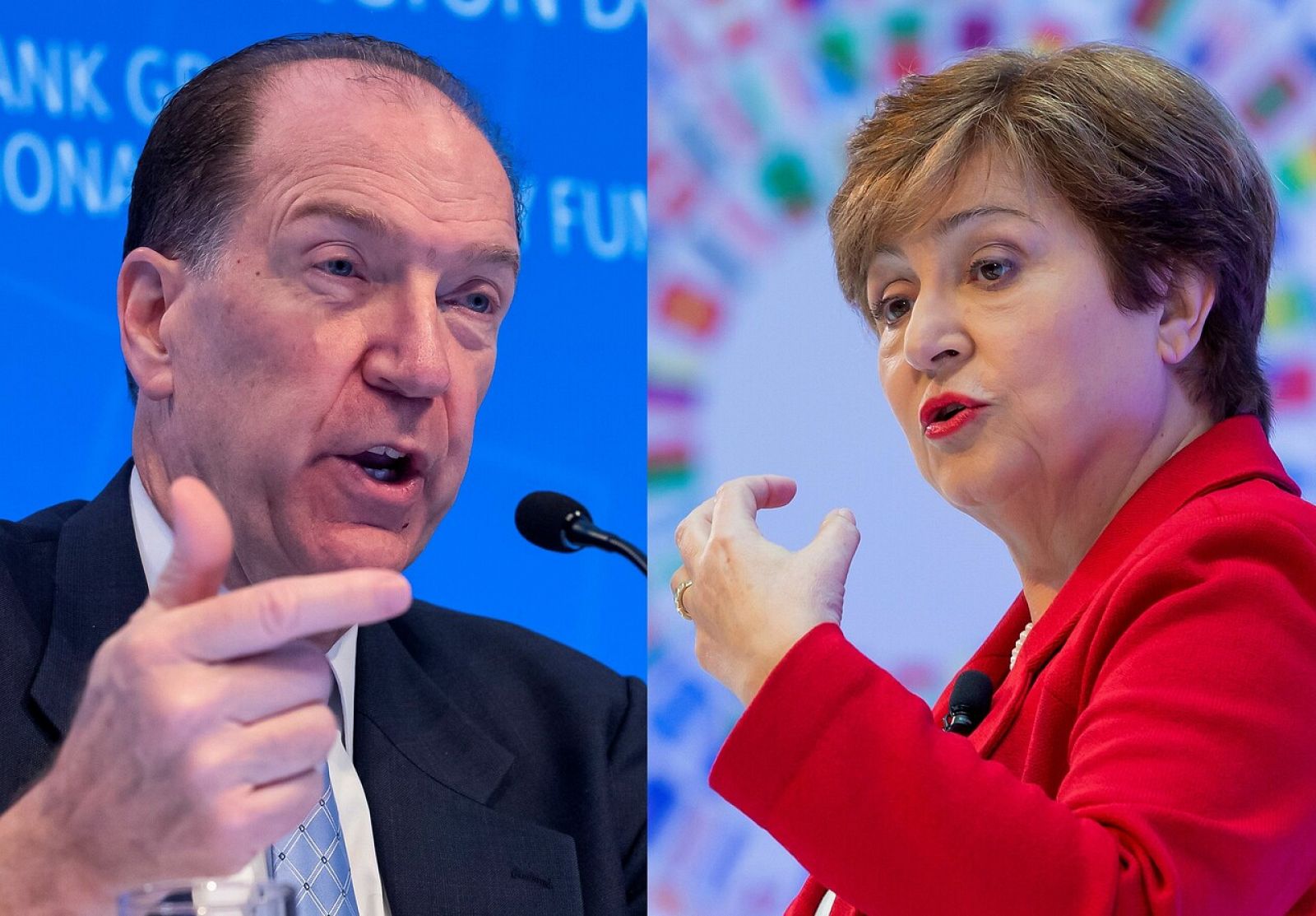 El presidente del Grupo del Banco Mundial, David Malpass y la directora gerente del Fondo Monetario Internacional, Kristalina Georgieva, en conferencias de prensa durante las Reuniones Anueales.