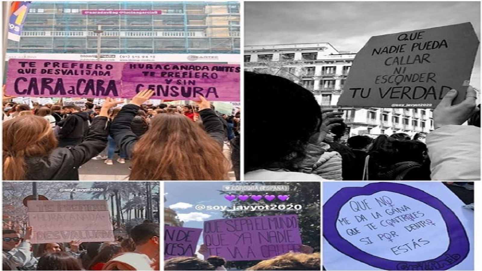 Pancartas en las marchas del 8M con la letra de "Qué sabrá Neruda" compuesta por Javy de OT 2020