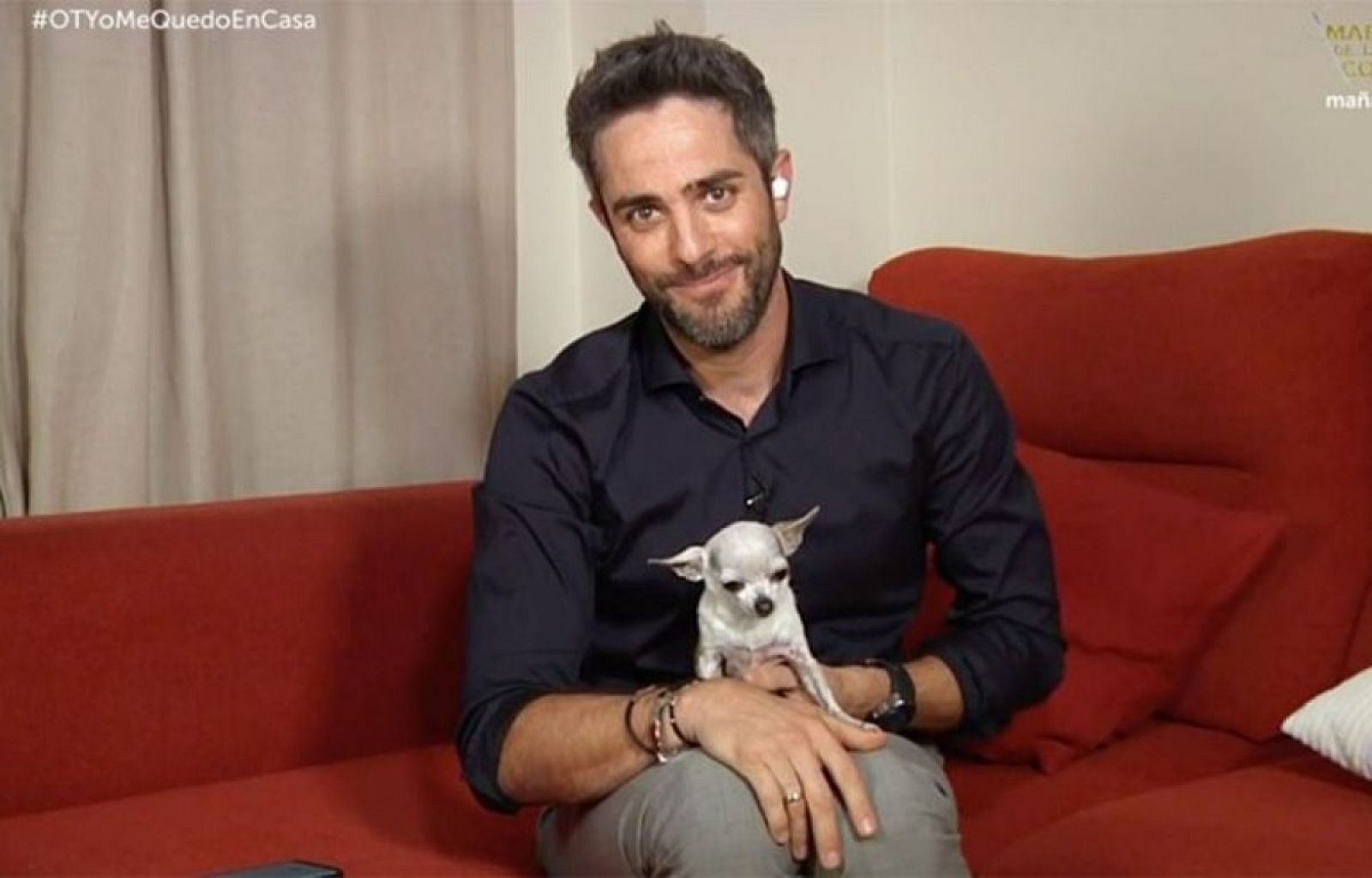 Roberto Leal con su perra La Pepa presentando OT desde casa