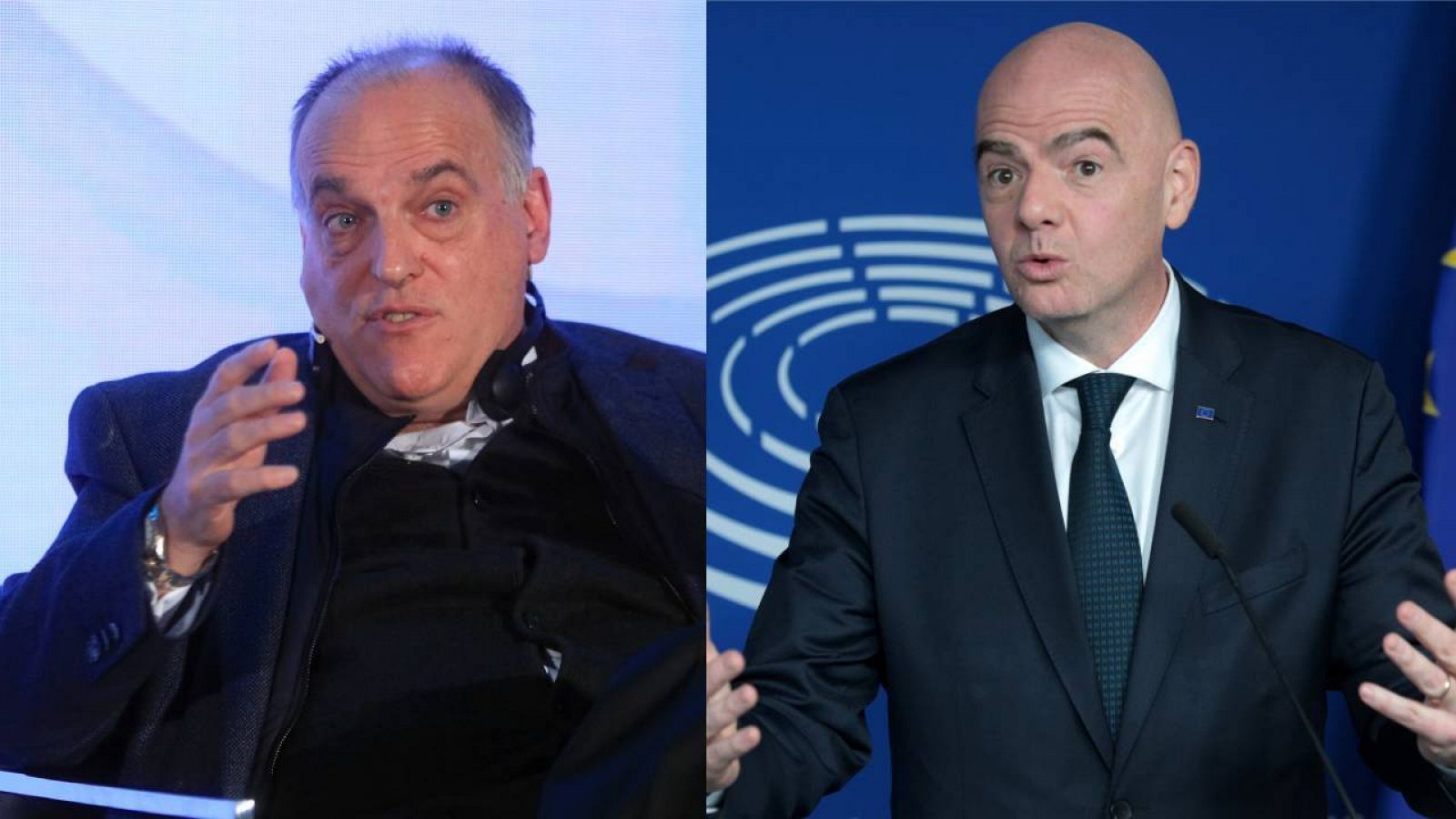 El presidente de la Liga, Javier Tebas (i) y el presidente de la FIFA, Gianni Infantino (d)