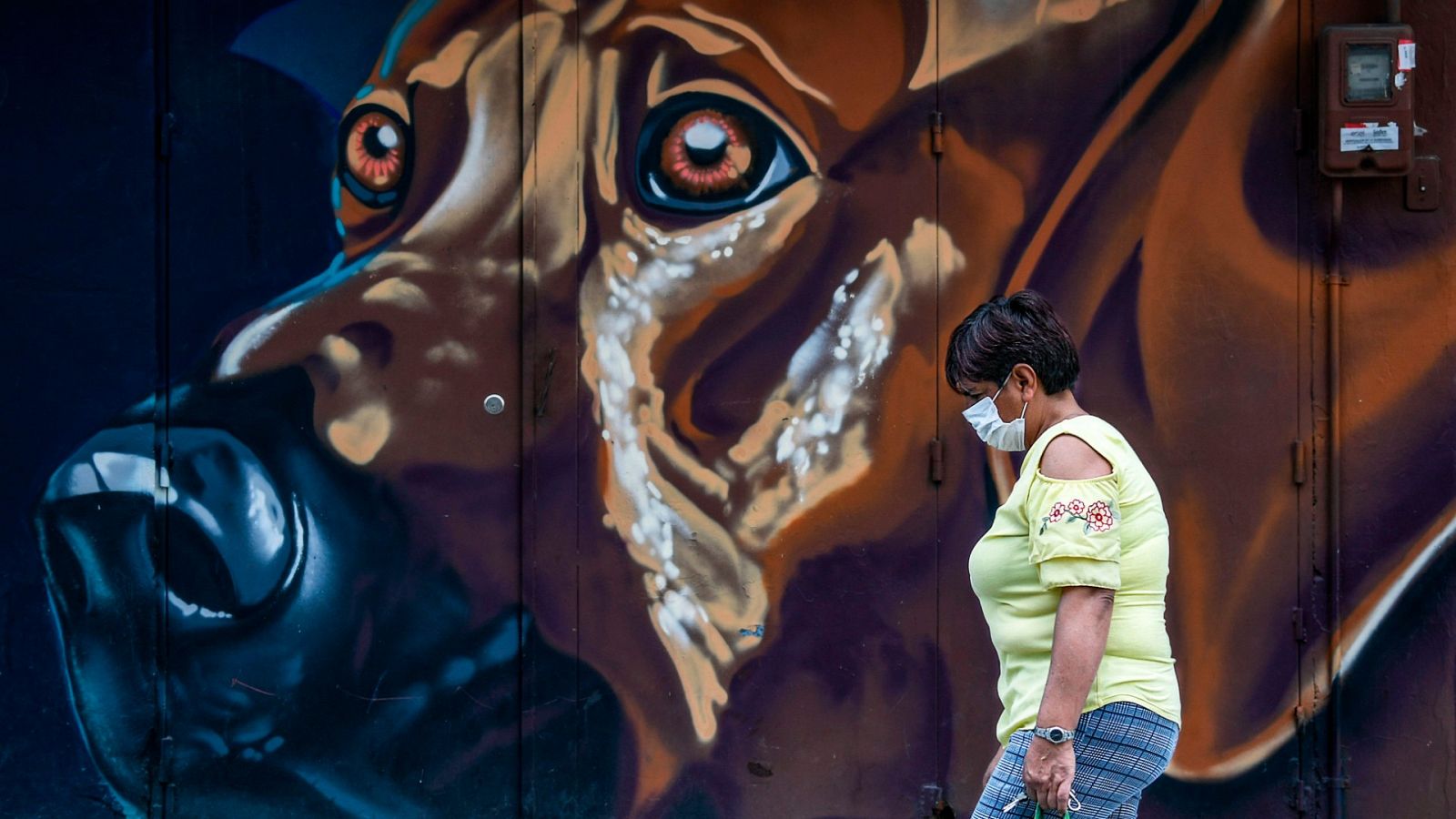 Una mujer con una mascarilla pasea en una calle de Bogotá