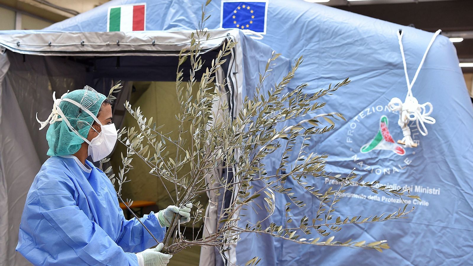 Coronavirus en Italia: Ramas de olivo decoran un hospital en Turin el Domingo de Ramos, en el inicio de la festividad religiosa de Semana Santa